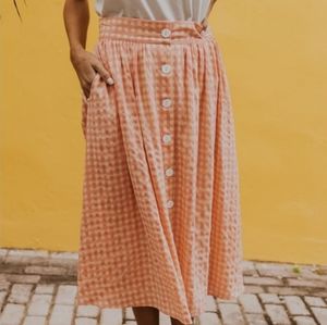 Roolee Luca midi skirt button pockets gingham plaid check picnic preppy …